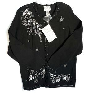 Stitches In Time Womens L Cardigan Sweater‎ Black Floral Beaded Embroidered NWT